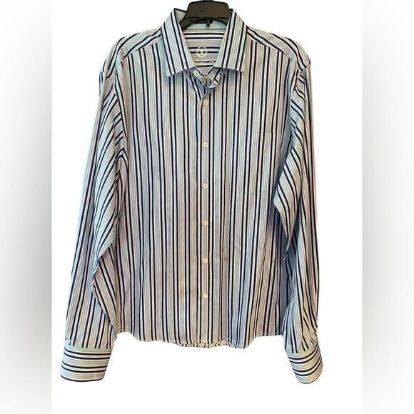 Bugatchi Sz XL* Seafoam Green Navy Blue Stripes Plaid Flip Cuffs Dress Shirt - Picture 2 of 7